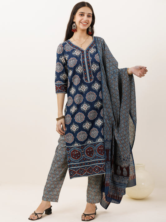 Ajrakh Mohak Set Of Kurta Pants Dupatta