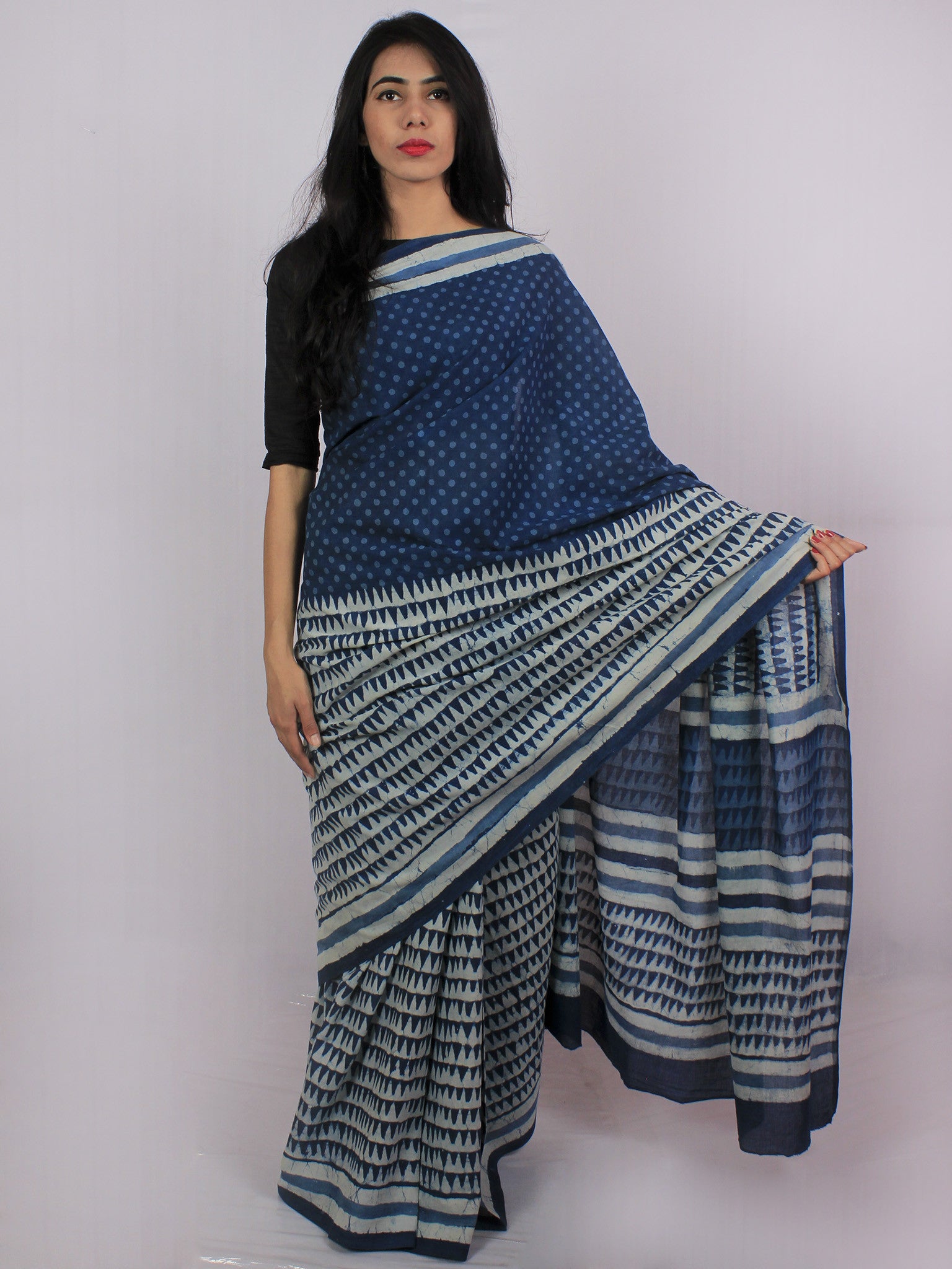 Indigo Blue Block Printed Cotton Saree main image 1