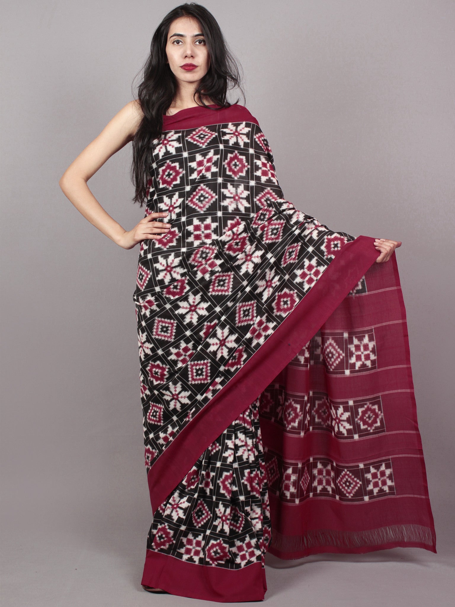 Black Maroon Ivory Telia Rumal Double Ikat Handwoven Pochampally Merce