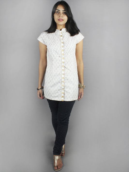 White Beige Hand Block Printed Shirt- S3517022