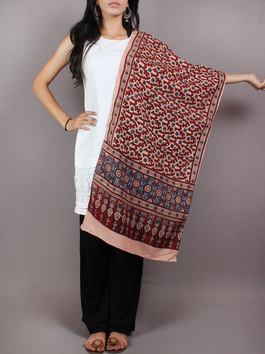 Salmon Pink Maroon Blue Mughal Nakashi Ajrakh Hand Block Printed Cotton Stole - S6317030