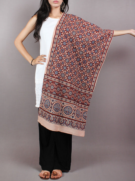 Salmon Pink Maroon Blue Mughal Nakashi Ajrakh Hand Block Printed Cotton Stole - S6317045