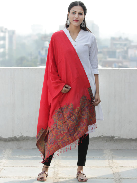 Red Multi Color Paisly Weaved Border Silk Wool Kashmiri Stole - S200567