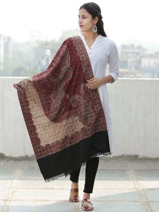 Beige Maroon Black Jamawar Aari Embroidered Woollen Kashmiri Stole - S200578