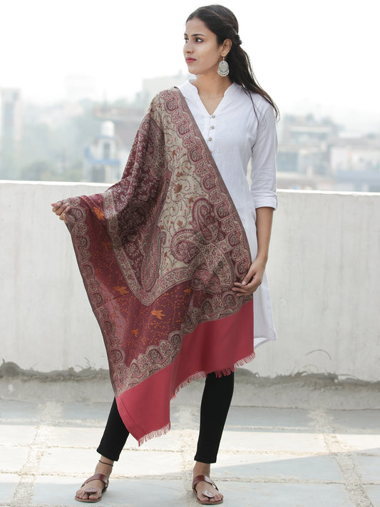 Grey Maroon Jacouard Jamawar Needle Embroidered Woollen Kashmiri Stole - S200590