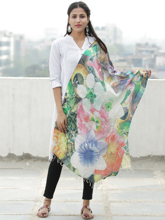 Ivory Multi Color Digital Print Modal Silk Wool Kashmiri Stole - S200609