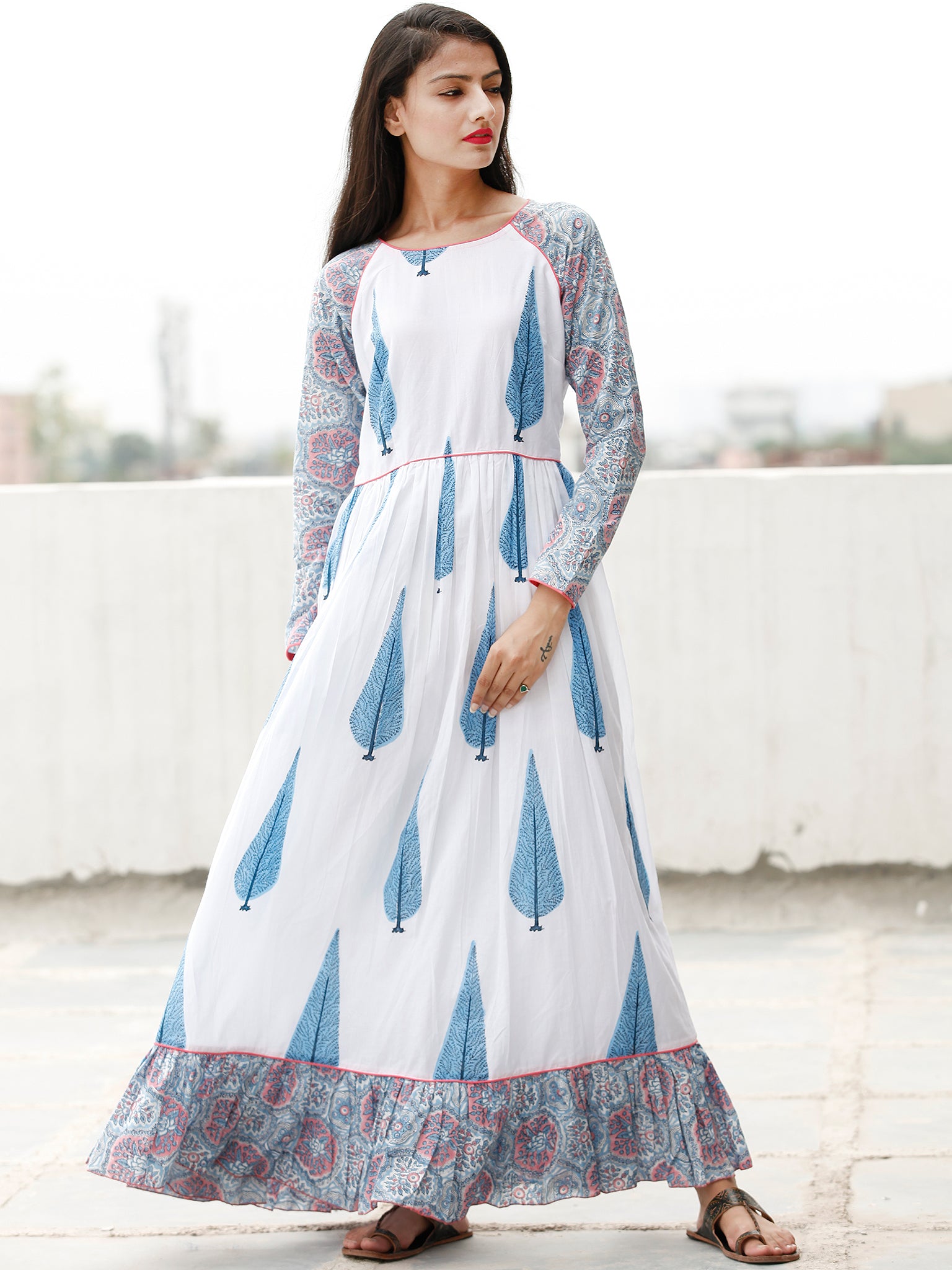 Off white hand block printed long dress with all-over Pink & Peach bold stripe print.