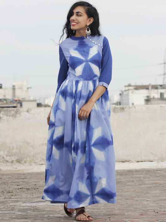 Naaz Saaj - Cobalt Blue Indigo White Tie Dye Full Length Dress With 3/4 Sleeves And Gathers   - DS29F001