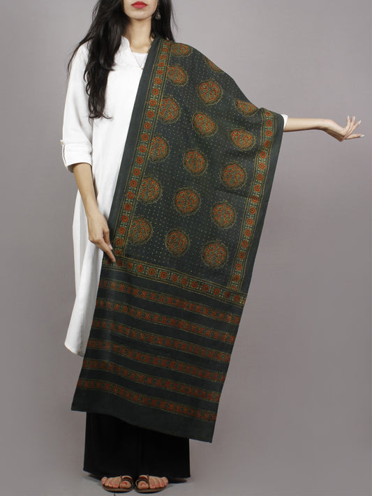 Dark Green Maroon Black Mughal Nakashi Ajrakh Hand Block Printed Cotton Stole - S63170129