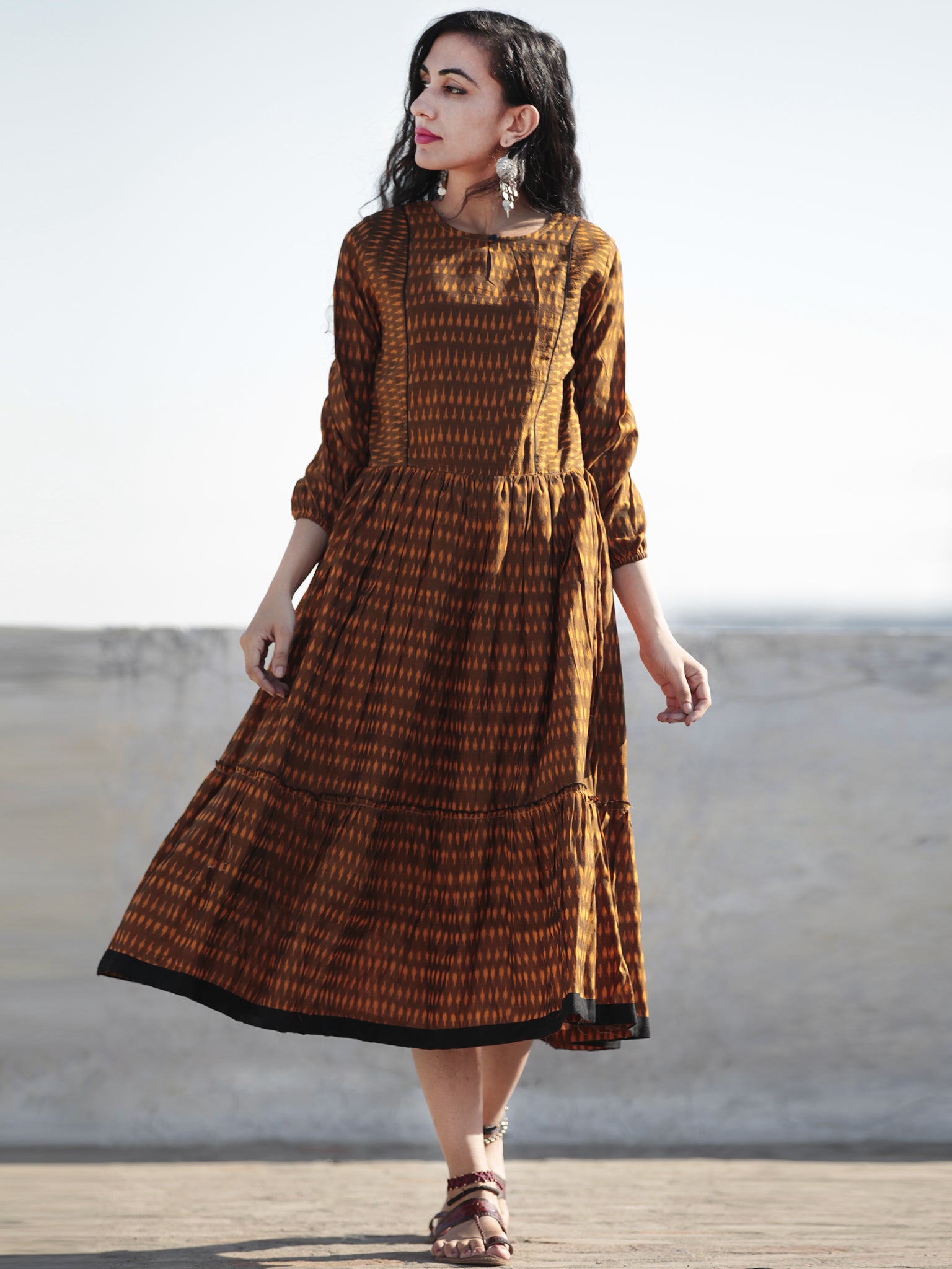 Ikat Brown Cotton Midi Dress