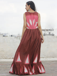 Naaz Zubeda - Chocolate Brown Peach White Hand Block Printed Full Length Tier Dress - DS30F001