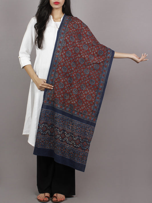 Indigo Maroon Ivory Black Mughal Nakashi Ajrakh Hand Block Printed Cotton Stole - S63170146