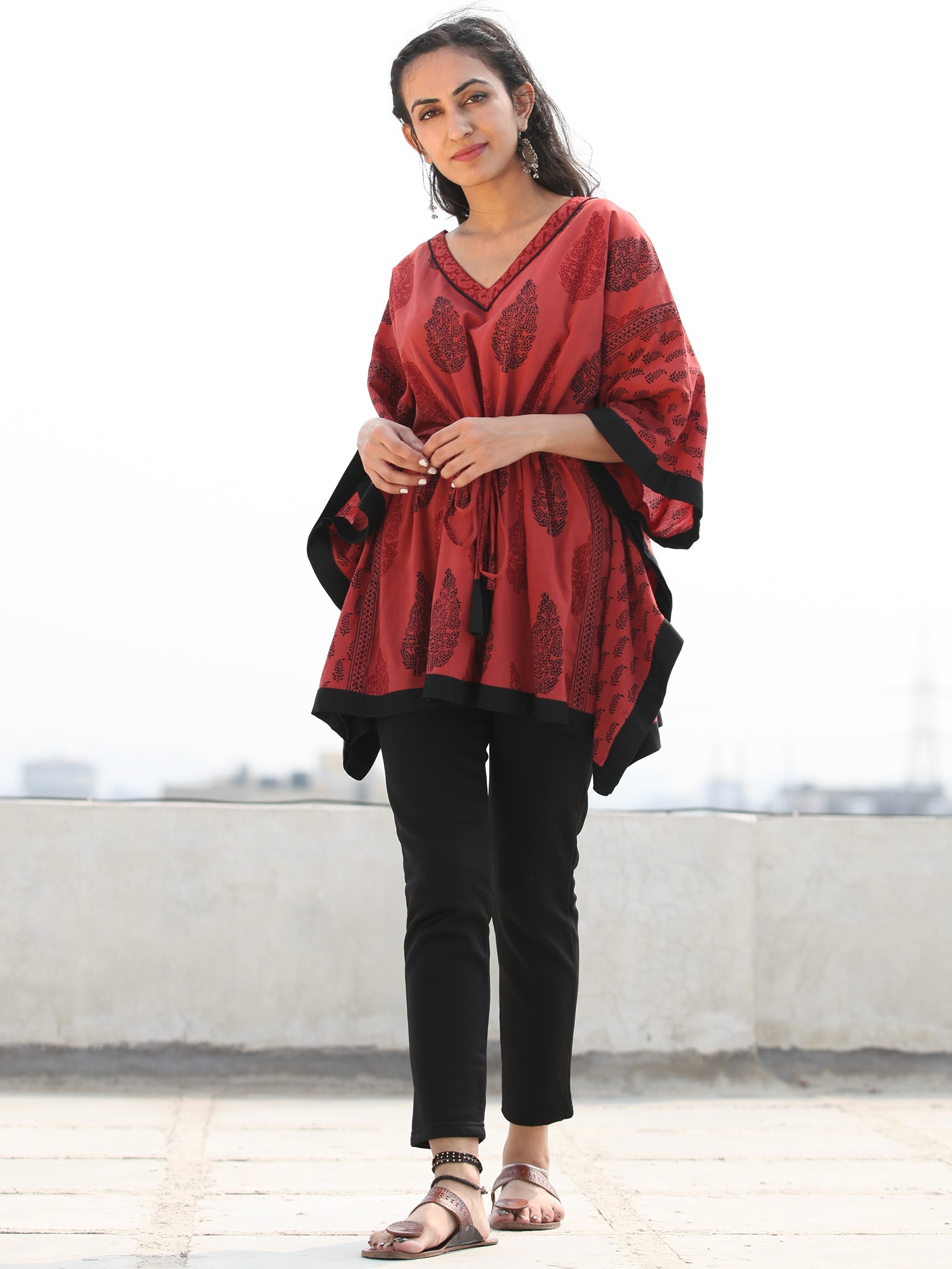 Maroon - Bagh Block Print Cotton Kaftan (Short) 34 main image 1