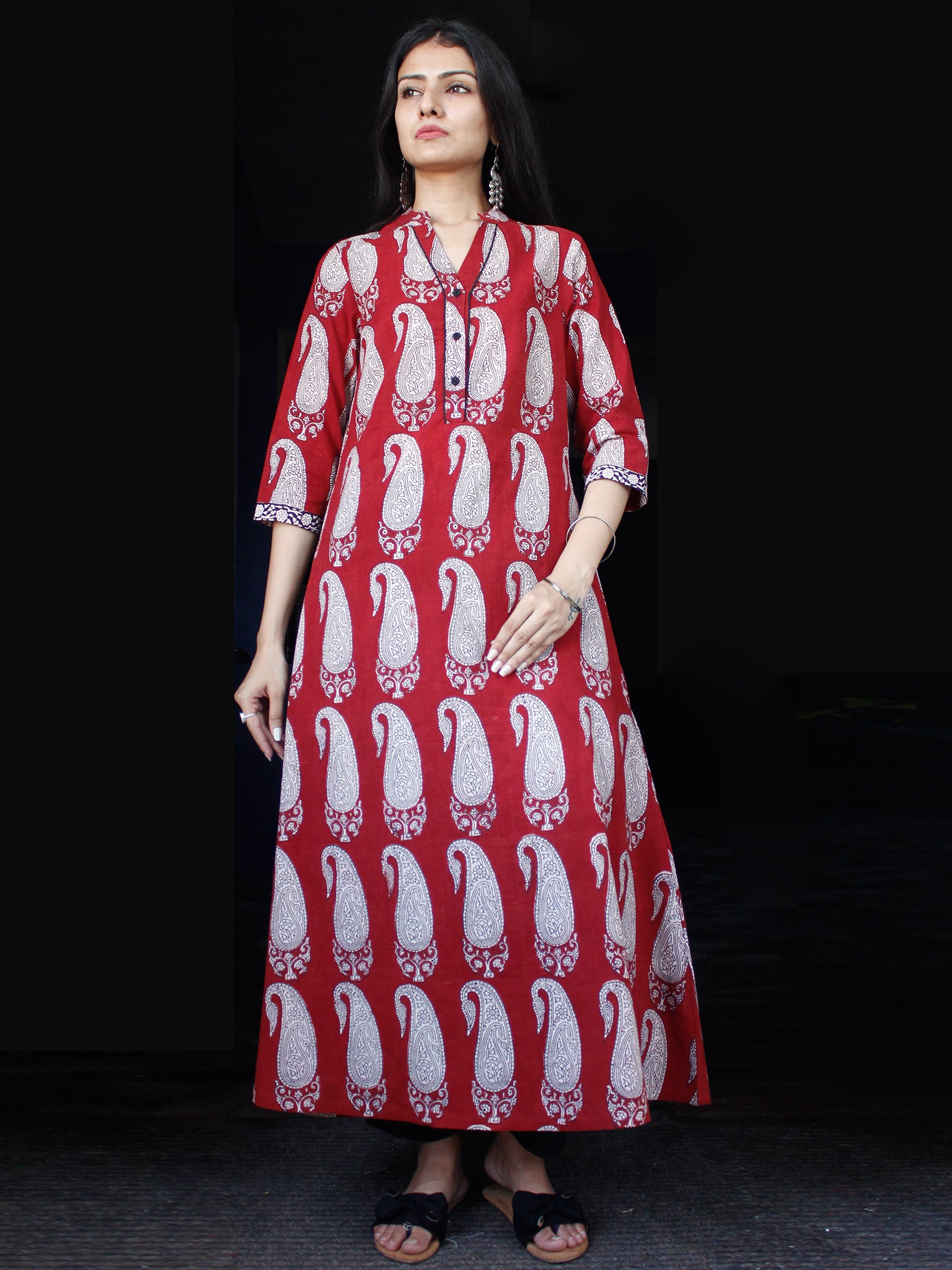 Red - Natural Dyed Cotton Bagh Print Unstitched Kurta Material (2.1 m) 32
