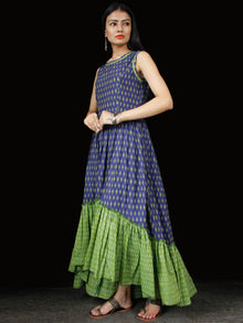 Indigo Green Ivory Hand Woven Ikat Asymmetric Sleeveless Dress - D311F1744