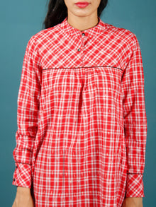 Red White Black  Hand Woven Ikat Cotton Check Tunic Cum Dress  - Tun05F1264