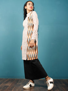 Off White Orange Grey Hand Woven Ikat Cotton Tunic With Front Collar  - Tun09F1468