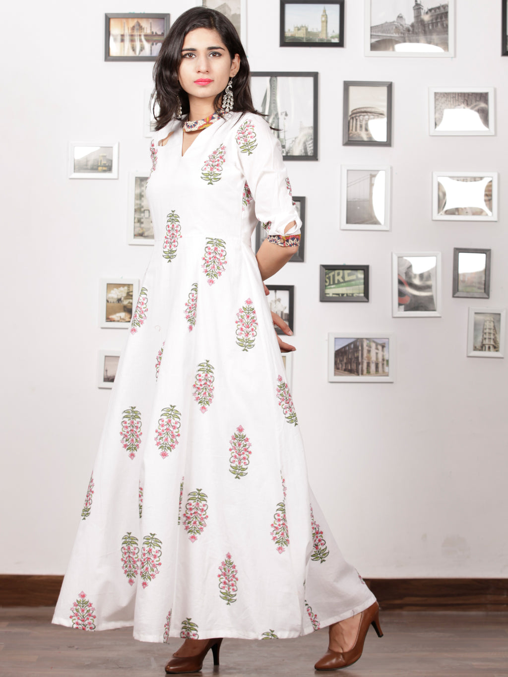 White Pink Green Hand Block Printed Panel Cotton Long Dress - D282BF15 InduBindu White Pink Green Hand Block Printed Panel Cotton Long Dress - D282BF15 InduBindu