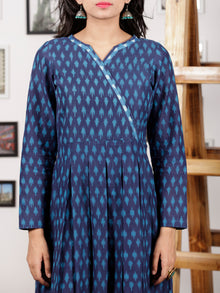 Indigo Blue Grey Handloom Mercerised Ikat Long Cotton Tier Dress With Gathers - D169F1298