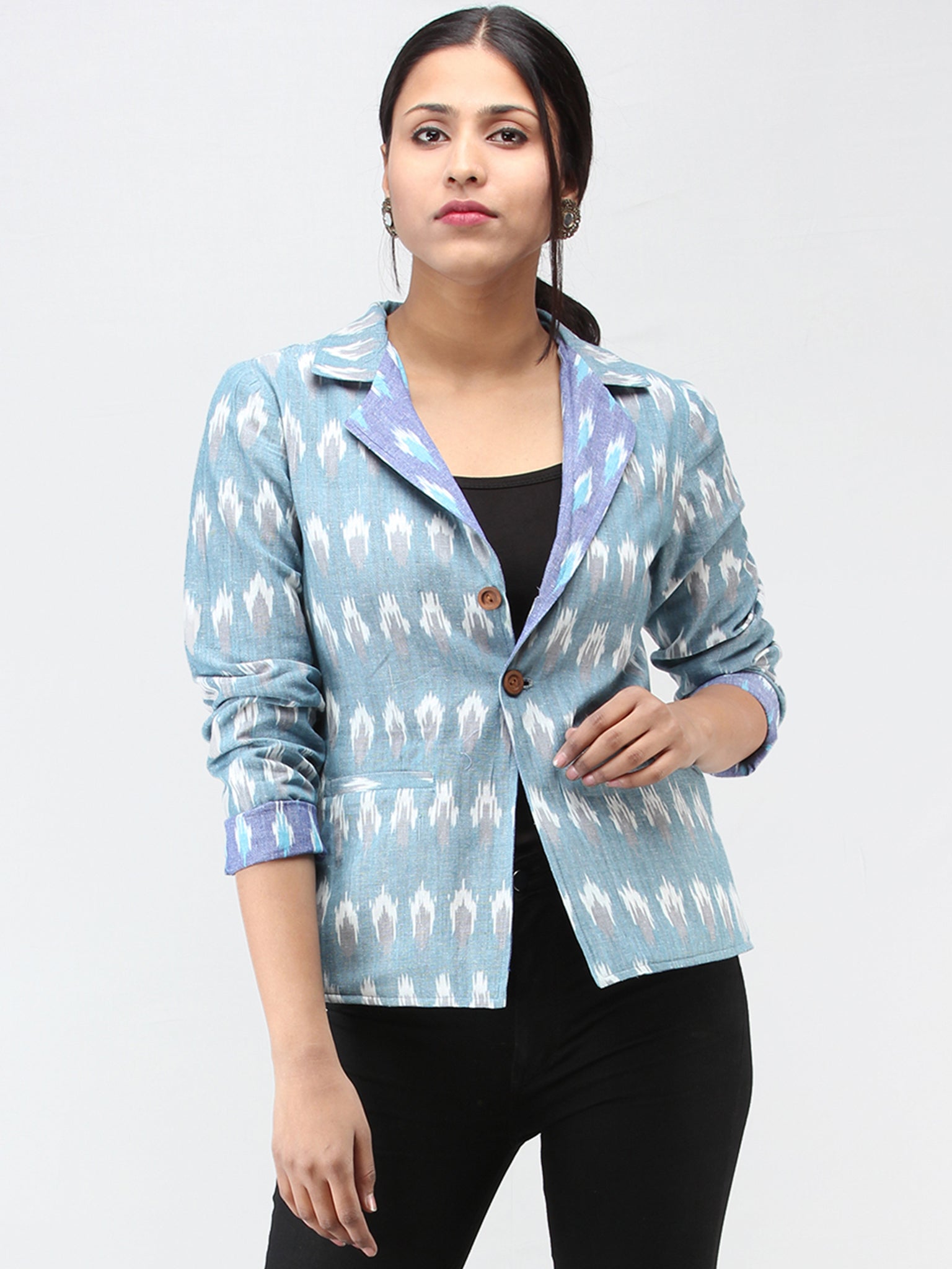 Blue Grey White Hand Woven Ikat Reversible Blazer - J12FXXX