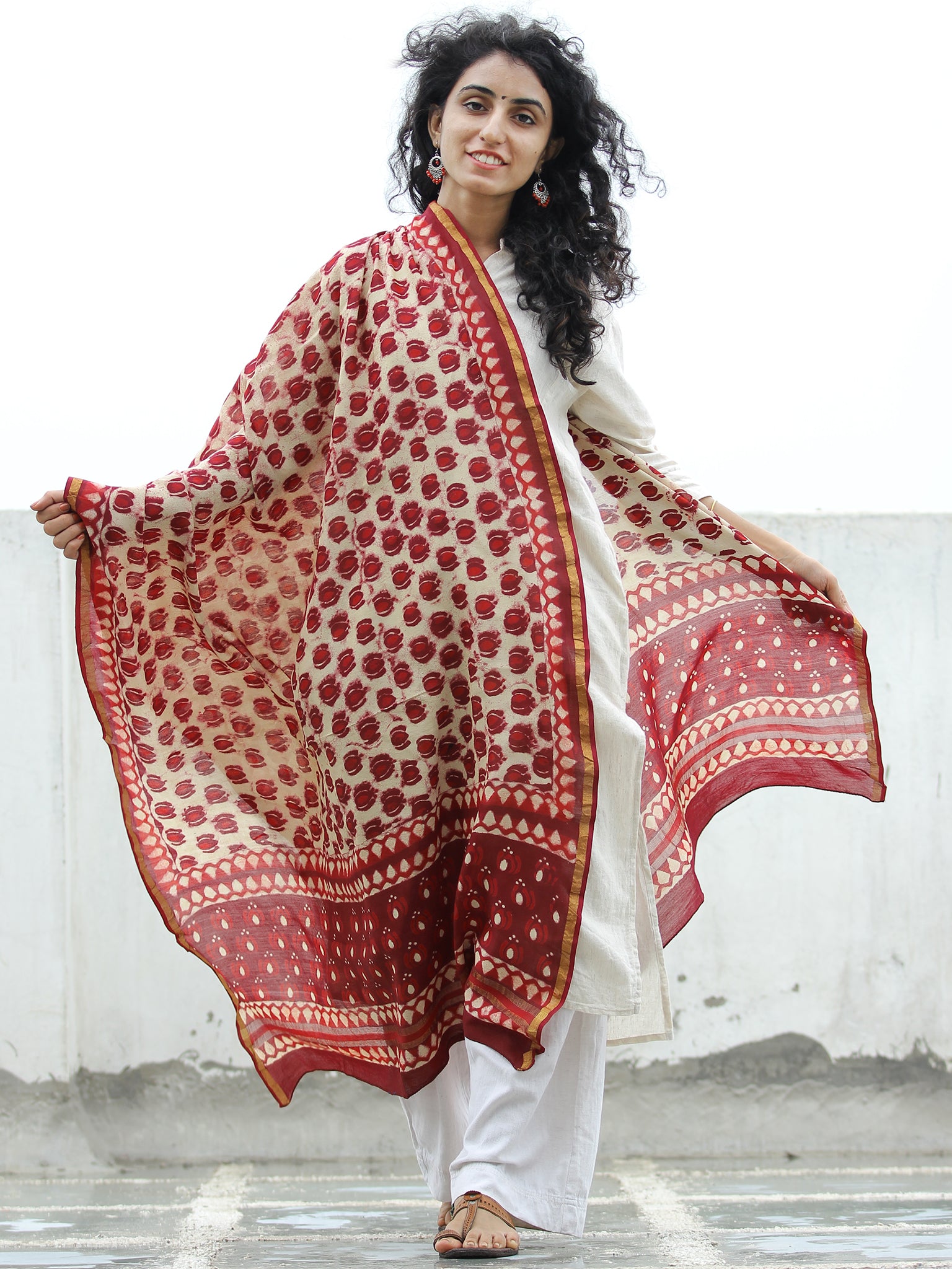 Red - Chanderi Silk Kutch Hand Block Print Natural Dyed Handloom Ajrakh Dupatta 63