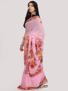 Pink Red Yellow Green Aari Embroidered Georgette Saree From Kashmir - S031704711