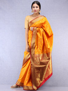 Banarasee Art Silk Self Weave Saree With Zari Work - Mustard Yellow Red & Gold - S031704436