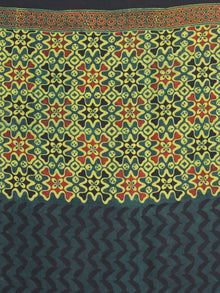 Bottle Green Black Lime Green Ajrakh Hand Block Printed Modal Silk Saree - S031704118