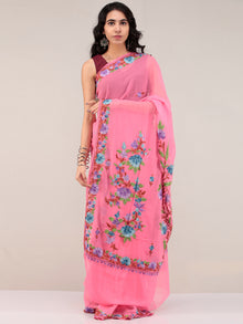 Pink Aari Embroidered Georgette Saree From Kashmir - S031704673