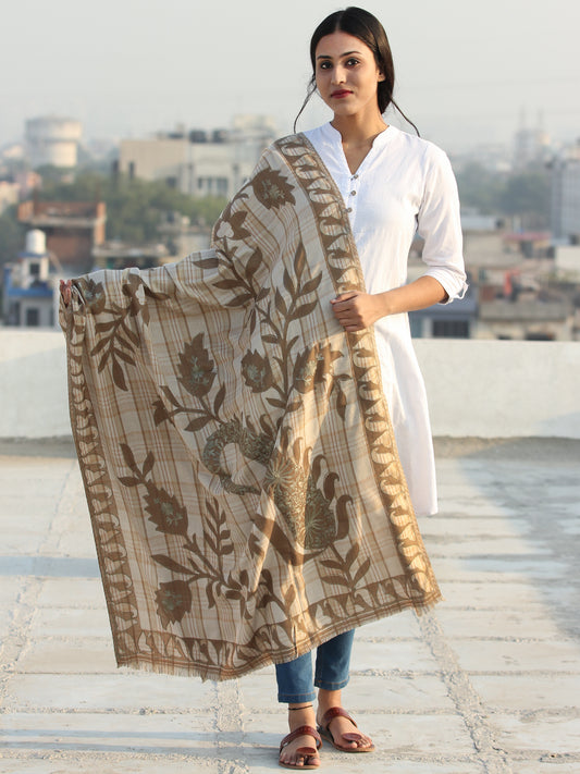 Beige Mud Brown Aari Embroidered Pure Wool Self Check Kashmiri Shawl - S200510