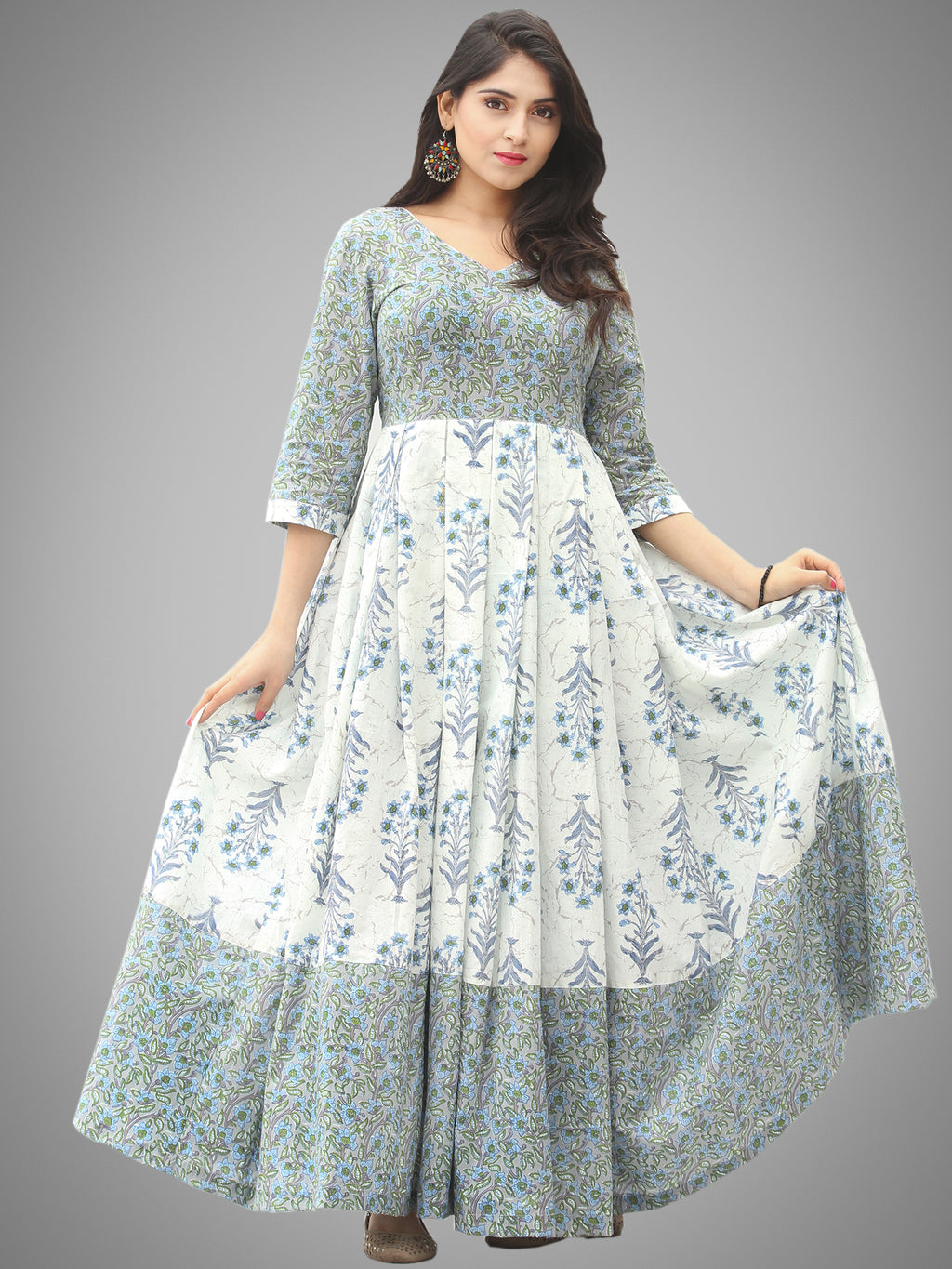 Saima - Grey Ivory Blue Block Printed Box Pleated Long Dress