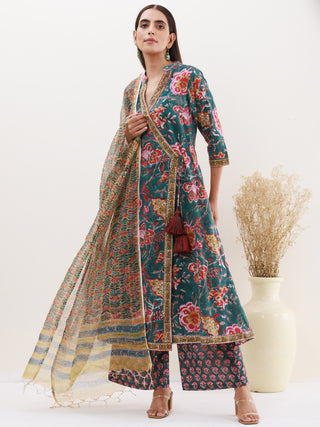 Gazal Manal Set Of Angrakha Kurta Pants Kota Doria Dupatta