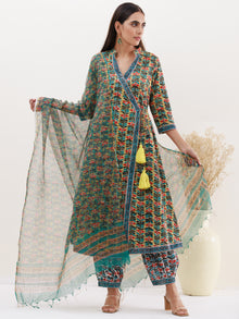 Gazal Pari Set Of Angrakha Kurta Pants Kota Doria Dupatta