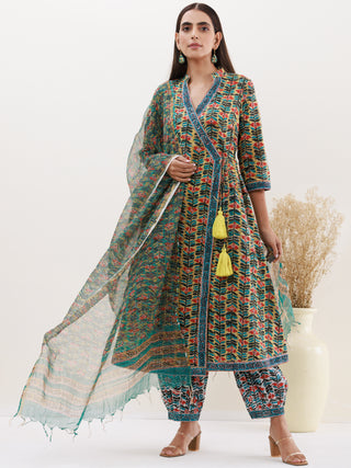 Gazal Pari Set Of Angrakha Kurta Pants Kota Doria Dupatta