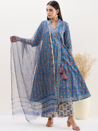 Gazal Karuna Set Of Angrakha Kurta Pants Kota Doria Dupatta