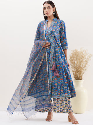 Gazal Karuna Set Of Angrakha Kurta Pants Kota Doria Dupatta