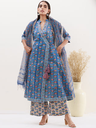 Gazal Karuna Set Of Angrakha Kurta Pants Kota Doria Dupatta