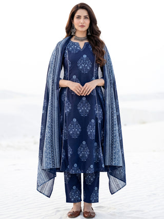 Aina Mahima Set Of Kali Kurta Pants & Dupatta