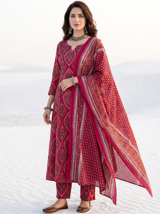Aina Roza Set Of Kali Kurta Pants & Dupatta
