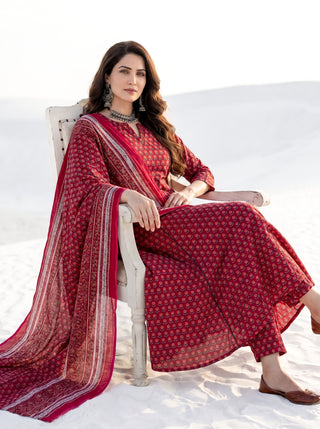 Aina Meenal Set Of Kali Kurta Pants & Dupatta