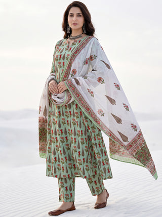 Aina Pallavi Set Of Kali Kurta Pants & Dupatta