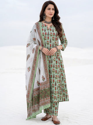 Aina Pallavi Set Of Kali Kurta Pants & Dupatta