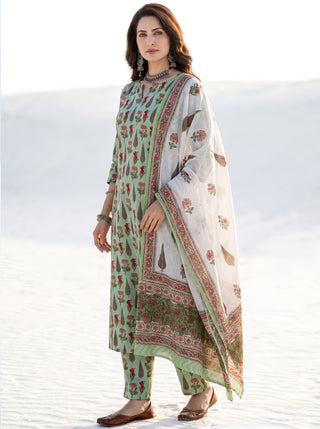 Aina Pallavi Set Of Kali Kurta Pants & Dupatta