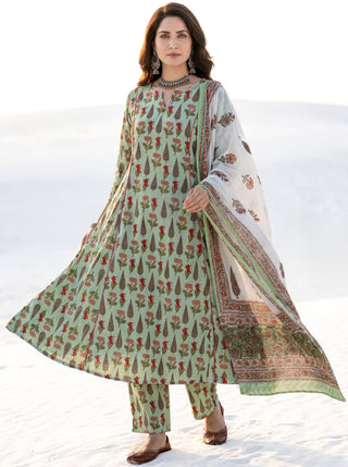 Aina Pallavi Set Of Kali Kurta Pants & Dupatta