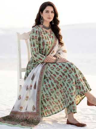 Aina Pallavi Set Of Kali Kurta Pants & Dupatta
