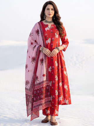 Aina Rasm Set Of Kali Kurta Pants & Dupatta