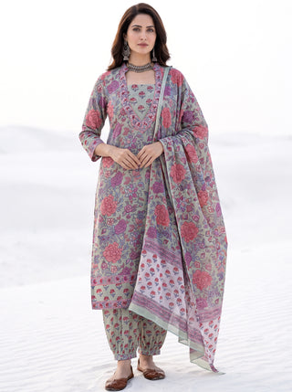 Aina Niyati Set Of Kali Kurta Pants & Dupatta