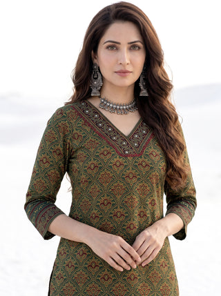 Ajrakh Rajauri Set of Kurta Salwar Pants & Dupatta