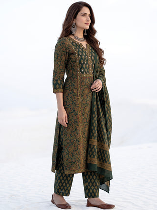 Ajrakh Ranya Set of Kurta Salwar Pants & Dupatta