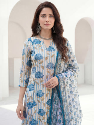 Roz Nidra Set Of Kali Kurta Pants Kota Doria Dupatta